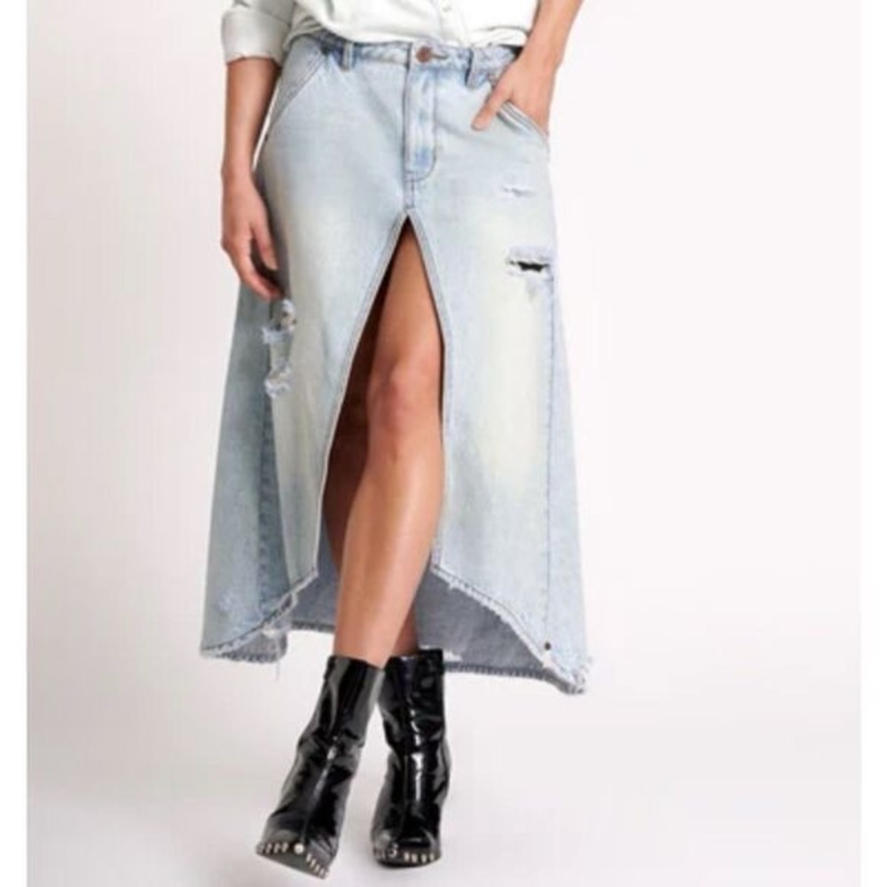 One Teaspoons Mid Waist Long Length Maxi Distressed Denim Skirt